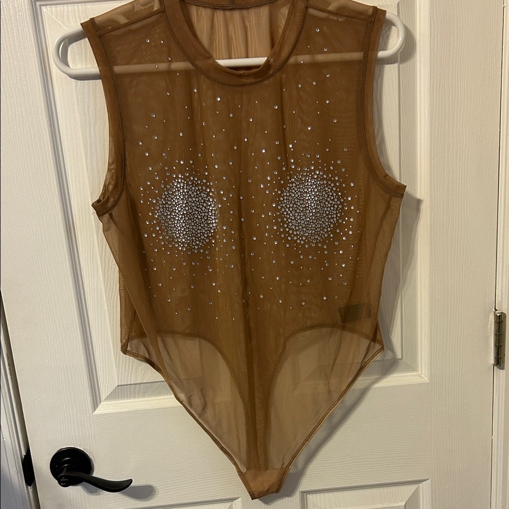 Good American Sheer Brown Embellished Bodysuit